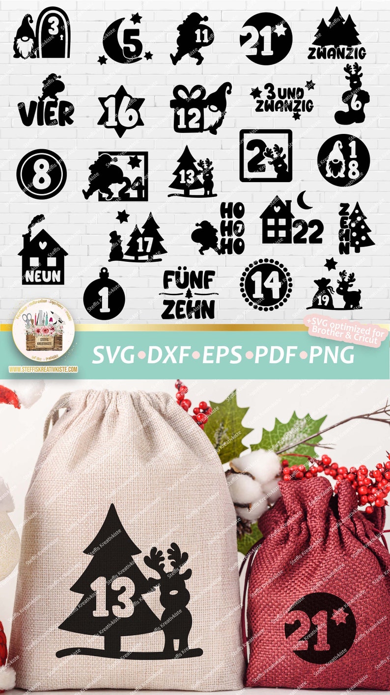 May include: A set of 24 black and white Christmas advent calendar designs featuring numbers, illustrations, and German words. The designs include a gnome, a star, a reindeer, a Christmas tree, a house, and a gift box. The designs are optimized for use with Cricut and Brother cutting machines.