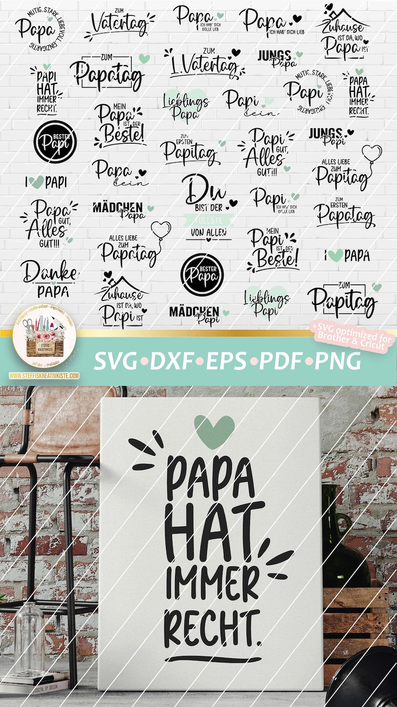 May include: A set of 20 black and white SVG cut files for Father's Day. The designs feature various phrases in German, including "Papa hat immer Recht", "Lieblings Papi", "Papa ist der Beste", and "Zum Papitag".