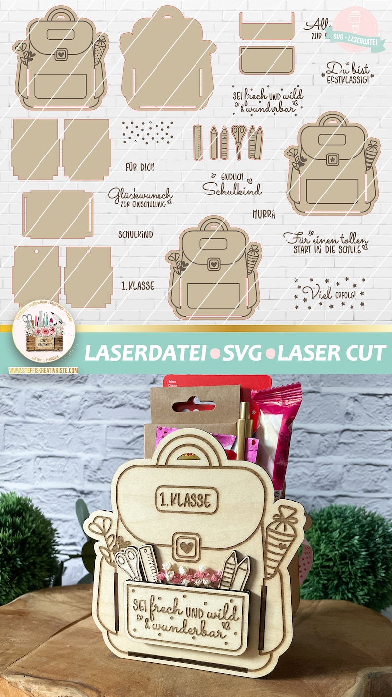 May include: A wooden craft kit for a school-themed gift box. The kit includes a laser-cut design of a backpack with the text "1. Klasse" and "Sei frech und wild & wunderbar".