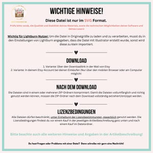 May include: Important information about a digital file in SVG format. The text highlights the need to check material compatibility and software capabilities before downloading. It also provides instructions for downloading the file and using it with Lightburn software. The text includes the phrase "WICHTIGE HINWEISE!" which translates to "Important Notes!" in English.