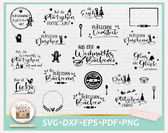 May include: Black and white illustrations of Christmas cookie-themed designs. The designs include phrases like "Plätzchen Duft", "Plätzchen Naschen", "Weihnachts Bäckerei", and "Glas Voll Glück".