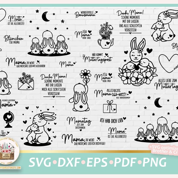 Plotterdatei Muttertag deutsche Sprüche niedliche Hasen SVG, Plotterdatei Hasen Mama, Plotterdatei Muttertag Schriftzüge, Muttertag DXF