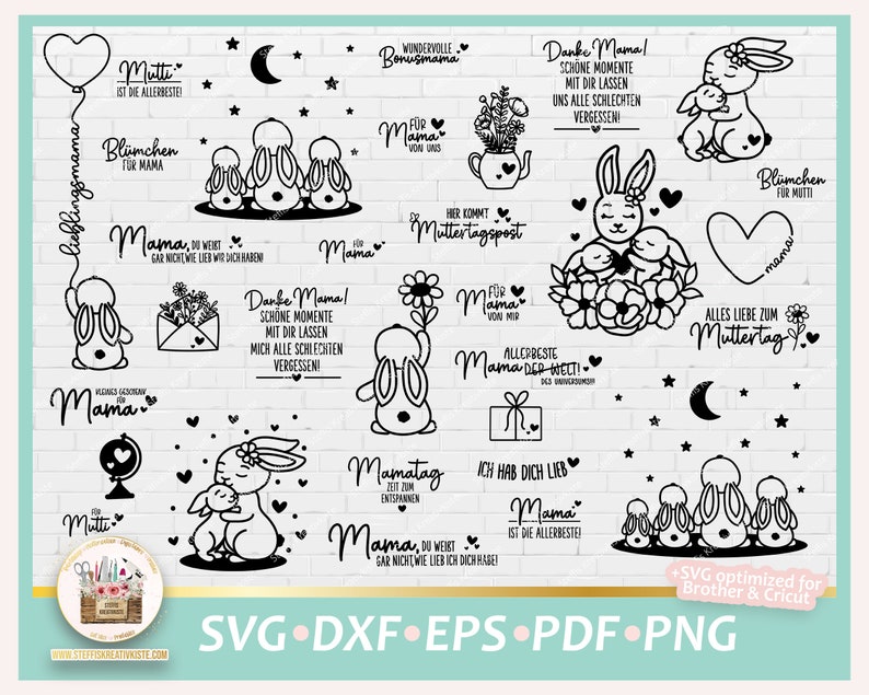 May include: A set of 20 black and white SVG cut files featuring various Mother's Day designs. The designs include bunnies, hearts, stars, flowers, and text such as "Mama", "Mutti", "Bl&uuml;mchen f&uuml;r Mama", and "Alles Liebe zum Muttertag".