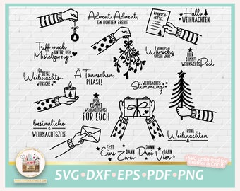 May include: A set of 12 black and white Christmas-themed SVG cut files. The designs include phrases like "Advent, Advent", "Hall's Weihnachten", "Weihnachts-Stimmung", and "Hier kommt Weihnachtspost for Euch".