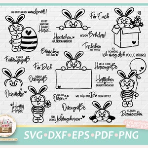 Könnte beinhalten: Ein Set mit 12 schwarzen und weißen digitalen Schnittdateien mit Hasenillustrationen und verschiedenen Oster- und Geburtstagsgrüßen auf Deutsch. Die Grüße beinhalten "Happy Birthday", "Happy Easter", "Ich liebe dich" und "Alles Gute zum Geburtstag".