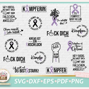 以下が含まれることがあります： 「Kämpferin」、「Kämpfer」、「F*ck Dich Krebs」、「Hey Krebs. Du hast dich mit dem falschen angelegt」、「Wir denken an dich. Du schaffst das!」などのテキストを含む、さまざまなデザインの12個のデジタルカットファイルセット。デザインは黒と紫で、リボンシンボルが特徴です。