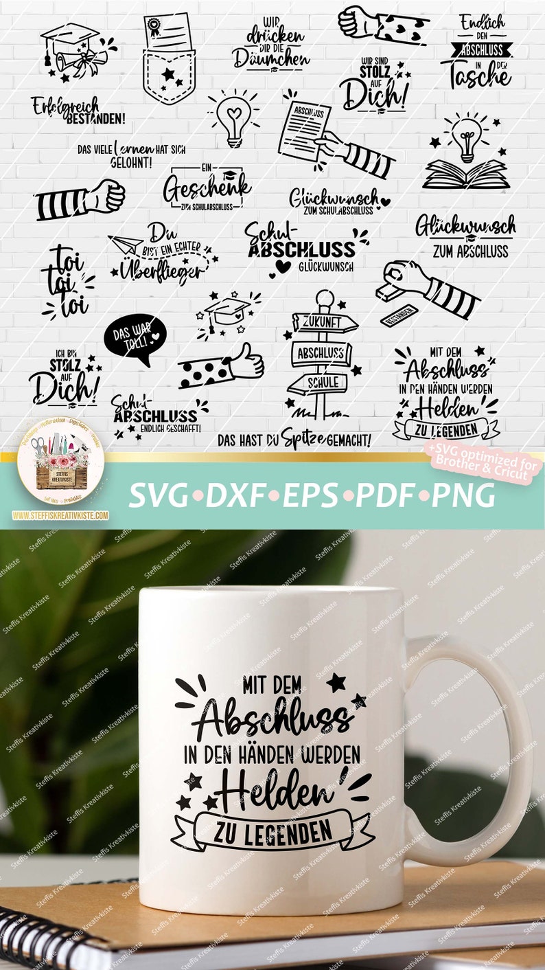 May include: A white mug with a black design that says "Mit dem Abschluss in den H&auml;nden werden Helden zu Legenden". The design is surrounded by stars and a banner.