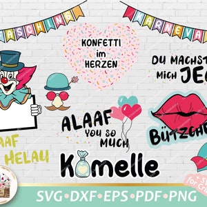 Könnte beinhalten: Ein Set mit bunten digitalen Schnittdateien für Bastel- und Designprojekte. Die Dateien zeigen verschiedene karnevalsbezogene Designs, darunter einen Clown, Konfetti, Lippen und Text auf Deutsch und Englisch. Der Text beinhaltet "Fasching", "Karneval", "Alaaf", "Helau", "Konfetti im Herzen", "Du machst mich Jeck", "Bützchen" und "Komelle".
