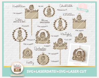 Laserdatei Kommunion Mädchen SVG, Laserdatei Konfirmation, Laser Cut Firmung, Kommunion Kranz SVG, Konfirmation Anhänger SVG, gewerblich