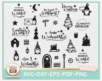 Puede incluir: Una colección de archivos de corte SVG de temática navideña en blanco y negro con gnomos, árboles de Navidad, regalos y texto en alemán. El texto incluye "Frohe Weihnachten", "Hier wohnt der Weihnachtswichtel", "von deinem Weihnachtswichtel", "Wunsch Erfüller", "Hier kommt Wintelpost", "Merry Christmas", "*mein 1. Weihnachten*" y "von eurem Weihnachtswichtel".