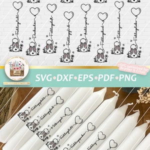 May include: Set of ten white taper candles with black and white illustrations of bunnies holding balloons with hearts. The text on the candles includes "Fr&uuml;hlingsgefallen", "Mitbringsel", "Fr&uuml;hlingslicht", "Fr&uuml;hlingsgr&uuml;&szlig;e", "Hallo Fr&uuml;hling", "Fr&uuml;hlingserwachen", "Fr&uuml;hlingsliebe", and "Gl&uuml;cksmomente".