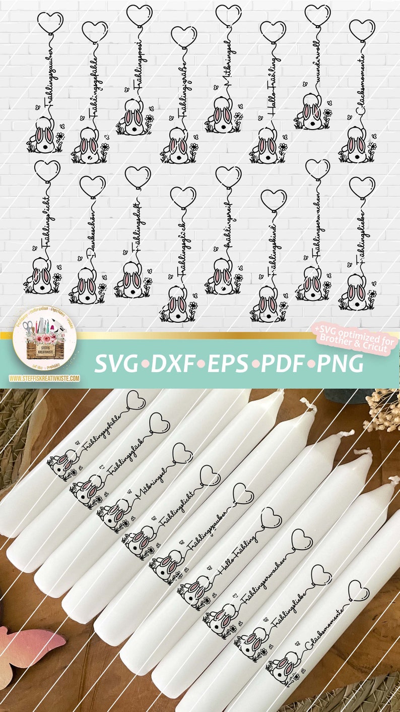 May include: Set of ten white taper candles with black and white illustrations of bunnies holding balloons with hearts. The text on the candles includes "Fr&uuml;hlingsgefallen", "Mitbringsel", "Fr&uuml;hlingslicht", "Fr&uuml;hlingsgr&uuml;&szlig;e", "Hallo Fr&uuml;hling", "Fr&uuml;hlingserwachen", "Fr&uuml;hlingsliebe", and "Gl&uuml;cksmomente".