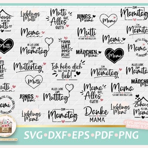 K&ouml;nnte beinhalten: Eine Sammlung von 25 schwarzen und wei&szlig;en SVG-Schnittdateien mit verschiedenen Designs mit den W&ouml;rtern "Mutti", "Mama", "Mamitag", "Muttertag" und "Lieblings Mami".