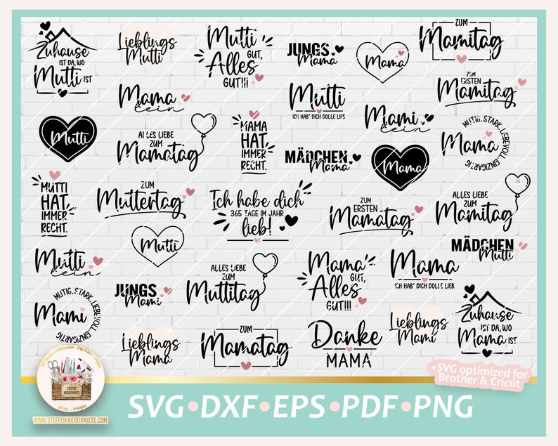 K&ouml;nnte beinhalten: Eine Sammlung von 25 schwarzen und wei&szlig;en SVG-Schnittdateien mit verschiedenen Designs mit den W&ouml;rtern "Mutti", "Mama", "Mamitag", "Muttertag" und "Lieblings Mami".
