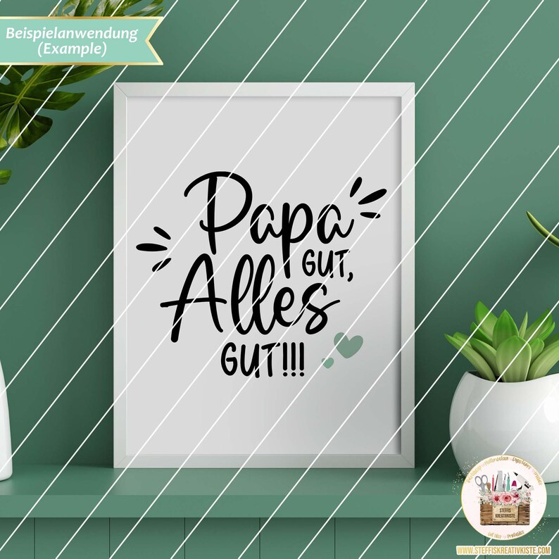 May include: A white framed print with black text that reads "Papa's Alles Gut!" with a small green heart. The print is on a green shelf with a potted plant.