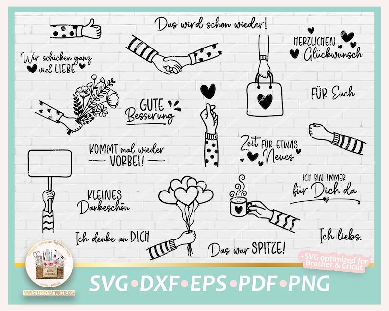 Plotterdatei Hände Arme und deutsche Sprüche SVG, Deutsche Schriftzüge Bundle, Hände Doodle, Digistamp Hände, Clipart Hände, Arme PNG Bild 1