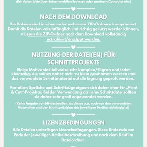 May include: A light blue and white illustrated guide with the text "Bitte Beachten!" in pink. The guide provides instructions for downloading, using, and licensing digital craft files. It also includes a small illustration of a sewing box with scissors and other craft supplies.
