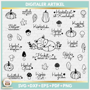 Puede incluir: Un conjunto de 20 ilustraciones digitales en blanco y negro con temas otoñales. Las ilustraciones incluyen calabazas, hojas, setas, un zorro y frases de texto como "Herbstzeit ist Kuschelzeit" y "Kürbisliebe".