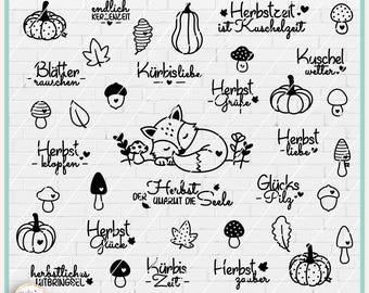 Könnte beinhalten: Ein Set mit 20 schwarz-weißen digitalen Illustrationen mit herbstlichen Motiven. Die Illustrationen beinhalten Kürbisse, Blätter, Pilze, einen Fuchs und Textphrasen wie "Herbstzeit ist Kuschelzeit" und "Kürbisliebe".