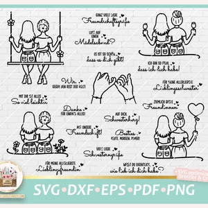 Pode incluir: Ilustrações em preto e branco de duas figuras femininas em várias poses, com texto em alemão. O texto inclui frases como "Freundschaft" (amizade), "Schwesterherz" (coração de irmã) e "Lieblingsfreundin" (amiga favorita).