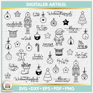 Op de afbeelding: Een set van 25 zwart-witte SVG-snijbestanden met kerstthema. De ontwerpen omvatten een notenkraker, een peperkoekman, een kerstboom, een snoepstok, een trommel, een ster, een bel en meer. De tekst in de afbeelding omvat "Weihnachtsfreude", "Pa-Ram", "merry Christmas", "Frohe Weihnachten", "Weihnachtsglück", "kleiner Weihnachtsgruß", "Zum Fest" en "Frohes Fest".