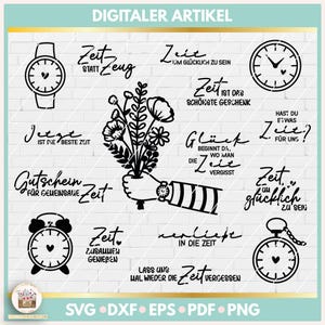 Puede incluir: Elementos de diseño digital en blanco y negro con varias citas sobre el tiempo, que incluyen "Tiempo en lugar de Zeug", "El tiempo es el regalo más hermoso", "Tiempo para ser feliz" y "Olvidemos el tiempo de nuevo".