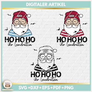 Könnte beinhalten: Drei digitale Illustrationen von Weihnachtsmann, der ein Matrosenhemd und eine Mütze trägt mit dem Text "HO HO HO ihr Landratten".