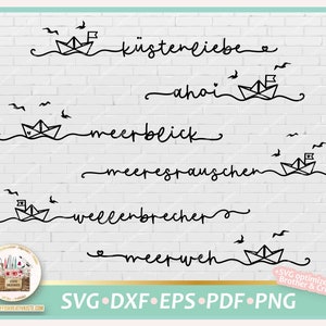 Peut inclure: Un ensemble de cinq fichiers de découpe SVG noir et blanc représentant des bateaux en papier et des mots allemands liés à la mer. Les mots sont "küstenliebe", "ahoi", "meerblick", "meeresrauschen" et "meerweh".
