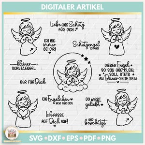 Könnte beinhalten: Zehn schwarz-weiße digitale Engel-Illustrationen mit verschiedenen Sprüchen auf Deutsch. Die Sprüche lauten: "Liebe und Schutz fur dich", "Ich bin immer bei dir", "kleiner Schutzengel", "NUR FUR Dich", "EIN Engelchen NUR FUR Dich", "Ich passe auf Dich auf", "Schutzengel", "DIESER Engel, so sus und klein, soll stets an Deiner Seite sein", "DU WIRST geliebt und beschützt".