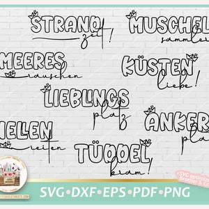 Pode incluir: Arquivos de corte de design digital em preto e branco para artesanato. O texto inclui "Strandzeit", "Muschel sammeln", "Meeresrauschen", "Küstenliebe", "Lieblingsplatz", "Wellenreiten", "Ankerplatz" e "Tüdelkram!"