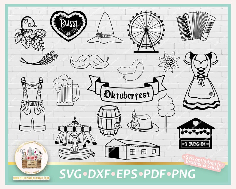 Pu&ograve; includere: Un set di design digitali in bianco e nero con varie illustrazioni a tema Oktoberfest, tra cui un cuore con la parola "Bussi" all'interno, una ruota panoramica, un pretzel, un dirndl, una botte, una giostra, un cappello bavarese, un baffo, una salsiccia, una casetta di pan di zenzero, zucchero filato, una boccale di birra, un paio di pantaloni di pelle e uno striscione con la scritta "Oktoberfest".