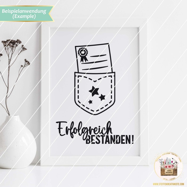 May include: Black and white illustration of a pocket with a diploma inside and two stars. The text below reads "Erfolgreich Bestanden!" which translates to "Successfully Passed!" in English.