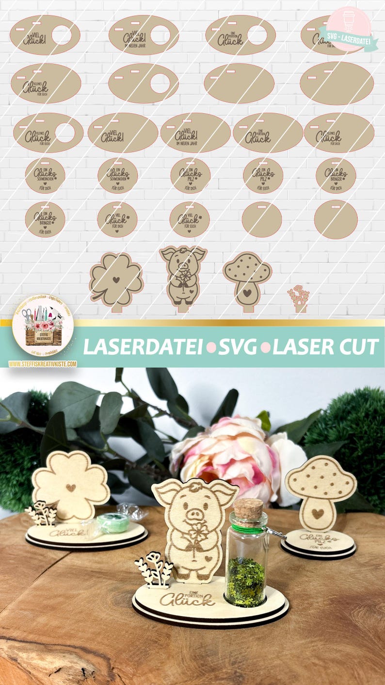 May include: A set of laser cut wood craft designs featuring a pig, a mushroom, a four-leaf clover, and a bottle with glitter. The designs are for a craft project and include the text "Eine Portion Gl&uuml;ck" which translates to "A Portion of Luck".