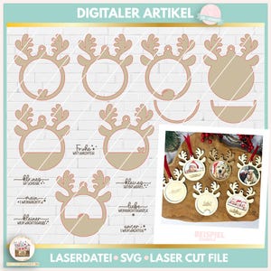 Laserdatei Weihnachten Rentier Anhänger für Fotos und als Geschenkanhänger SVG, SVG Rentier Weihnachtskugel, Plotterdatei Weihnachten