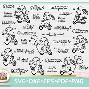 Könnte beinhalten: Ein Set mit 10 schwarzen und weißen SVG-Schnittdateien, die ein Kaninchen auf einem Roller mit verschiedenen Textphrasen zeigen. Die Phrasen beinhalten "Osterm", "Osterpost", "Frahlingsexpress", "Haserpost", "Happy Birthday", "Frahlingsgrub", "Blumengruß", "Baby Love", "Ein kleiner Osterhasen" und "Ein kleiner Hasengruß".
