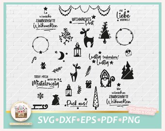 Puede incluir: Una hoja de diseño digital en blanco y negro con 20 ilustraciones con temática navideña. Las ilustraciones incluyen un árbol de Navidad, un reno, un gnomo, una linterna, una rama de muérdago, un bastón de caramelo, una campana, una corona, una estrella, una caja de regalo, una media, un trineo y texto en alemán.