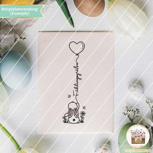 May include: A black and white illustration of a bunny holding a heart-shaped balloon with the text "Fr&uuml;hlingsgr&uuml;&szlig;e" written on the string.