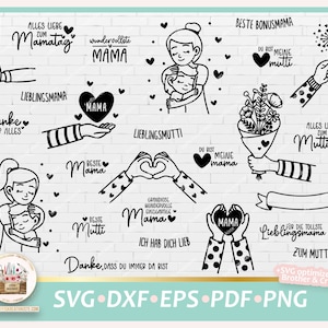 Könnte beinhalten: Ein Set mit 10 schwarzen und weißen digitalen Schnittdateien zum Muttertag. Die Designs beinhalten Illustrationen von Herzen, Blumen und Text in deutscher Sprache, wie "Lieblingsmama" und "Mutti".