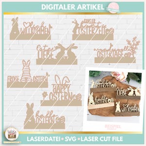 Pode incluir: Um arquivo digital para cortar a laser várias decorações com tema de Páscoa. Os designs apresentam coelhos, ovos e as palavras "Feliz Páscoa", "Frohe Ostern", "Hallo Ostern", "Osterzeit", "Ostertage", "Ostes Liebe", "Willkommen" e "Kunterbunte Osterzeit".