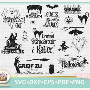Könnte beinhalten: Ein Set mit 12 schwarzen und weißen Halloween-SVG-Schnittdateien. Die Designs beinhalten ein Gespenst, ein Spukhaus, eine Hexe, eine Katze, eine Spinne, einen Kürbis und mehr. Der Text auf den Designs beinhaltet "Gespenstisch Gut", "Kleines Monster", "Subes oder Saures", "Dreimal Schwarzer Kater", "Willkommen im Gruselhaus", "Greif zu wenn du dich traust", "Happy Halloween" und "Grusel Grusel Grusel".