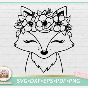Cute Fox Girl SVG, Fox Flower Crown SVG, Stamps Fox cute, Clipart Fox Cute PNG, Fox Girl commercial, Printable cute Fox, Fox black Outline