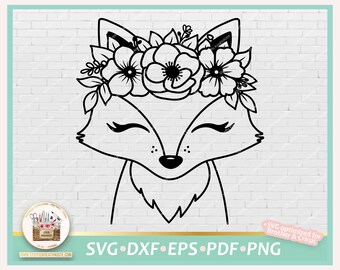 Plotterdatei Fuchs Mädchen Blumenkrone SVG, Fuchs Blumenkranz SVG, Fuchs niedlich kommerziell, Digistamp Fuchs Mädchen PNG, Fuchs Outline