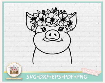 Cute Fox Pig SVG, Pig Flower Crown SVG, Stamps Pig cute, Clipart Fox Cute PNG, Pig Girl commercial, Printable cute Pig, Pig black Outline