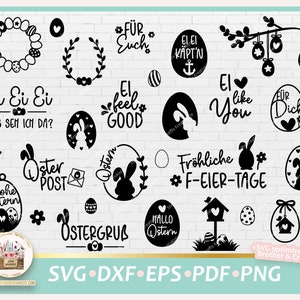 Puede incluir: Un conjunto de 20 archivos de corte SVG de temática pascual en blanco y negro. Los diseños incluyen conejos, huevos, coronas y texto en alemán e inglés. El texto incluye frases como "Ei Ei Ei", "Frohliche F-Eier-Tage", "Oster Post" y "Ostergruss".