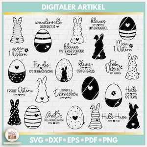 Könnte beinhalten: Ein Set mit 18 schwarzen und weißen SVG-Schnittdateien zum Thema Ostern. Die Designs beinhalten Hasen, Eier und Text wie "Frohe Ostern" und "Kleines Ostergeschenk".