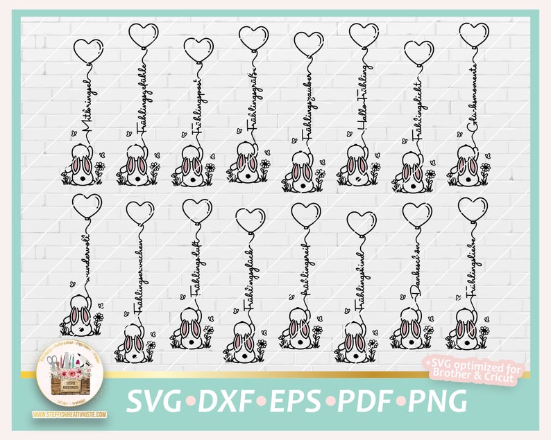 May include: A set of 12 black and white SVG cut files featuring bunnies holding balloons with spring-themed text. The text includes "Fr&uuml;hlingserwachen", "Fr&uuml;hlingsluft", "Fr&uuml;hlingsgef&uuml;hle", "Fr&uuml;hlingszeit", "Fr&uuml;hlingsgru&szlig;", "Fr&uuml;hlingsglaube", "Fr&uuml;hlingslicht", "Fr&uuml;hlingsliebe", "Fr&uuml;hlingszeit", "Fr&uuml;hlingswunder", "Fr&uuml;hlingszauber", and "Gl&uuml;ckw&uuml;nsche".