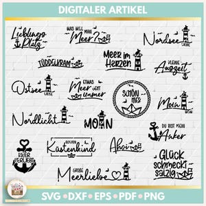 May include: A collection of 16 black and white SVG cut files featuring nautical and beach-themed phrases in German. The phrases include "Lieblings Platz", "Was Will Man Meer", "Tüdelkram", "Meer im Herzen", "Etwas Meer Geht Immer", "Ostsee Liebe", "Schön Hier", "Nordlicht", "Moin", "Nordsee Liebe", "Kleine Augzeit", "Moin", "Du Bist Mein Anker", "Meer Verliebt", "Echtes Küstenkind", "Ahoi", "Große Meerliebe".
