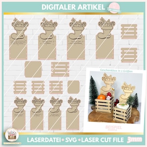 Peut inclure: Téléchargement numérique de fichiers SVG pour une boîte cadeau en forme de chaussette de Noël. Le motif comprend une chaussette avec un sapin de Noël et le texte "Geschenkbox in 2 Größen" (boîte cadeau en 2 tailles).