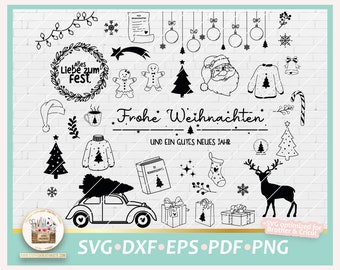 May include: Black and white Christmas clip art set featuring a variety of festive elements, including a wreath, baubles, a gingerbread man, a Father Christmas, a reindeer, a Christmas tree, a car with a Christmas tree on top, and the text "Frohe Weihnachten" and "Alles Liebe zum Fest".