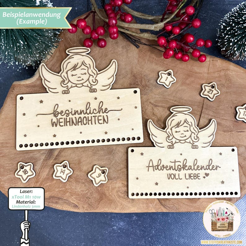 May include: A wooden Advent calendar with two sections. The top section features an angel with the text "besinnliche WEIHNACHTEN". The bottom section features an angel with the text "Adventskalender VOLL LIEBE". Both sections have a row of holes for hanging ornaments.